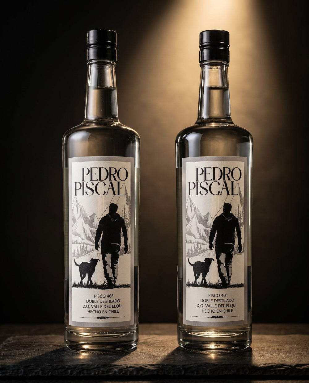 Dos botellas de Pedro Piscal con su etiqueta del hombre y su perro